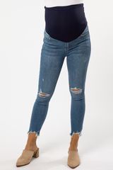 Blue Distressed Ripped Knee Maternity Skinny Jeans | PinkBlush Maternity