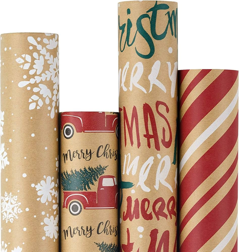 RUSPEPA Wrapping Paper, Kraft Paper - Snowflakes, Car and Christmas Tree, Stripes and Merry Chris... | Amazon (US)