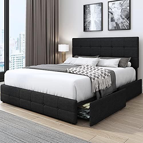 Kealive Upholstered Platform Bed Frame with 4 Storage Drawers, Adjustable High Headboard with But... | Amazon (US)
