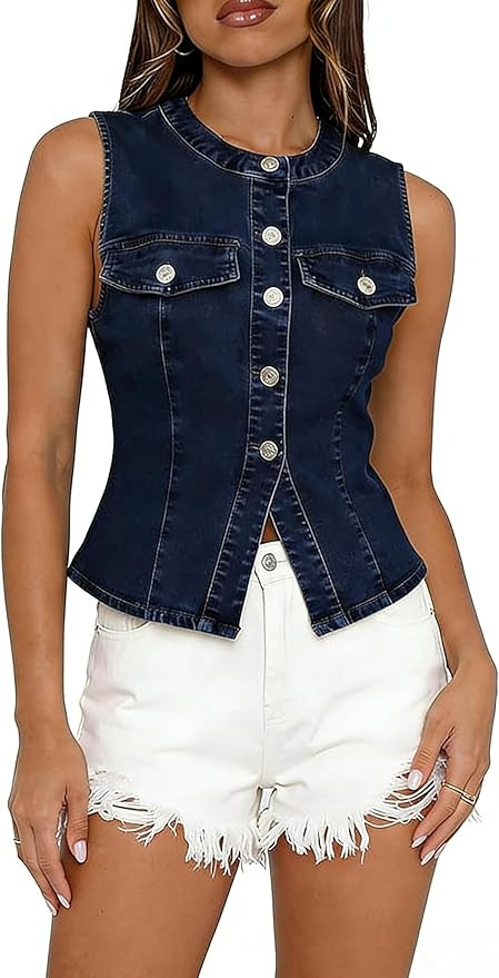 Casual Denim Vest Tops Button Down Sleeveless Fitted Jean Tank Tops for Women Trendy Summer Waist... | Amazon (US)