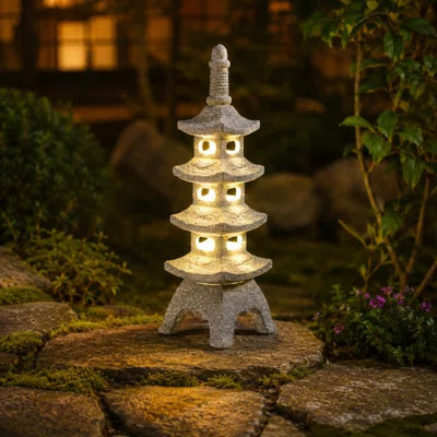 15.8"h Solar Multi-layered Pagoda Garden Statue: Waterproof Resin Zen Decor - Patio Yard Lawn Decoration(gray) | Wayfair North America