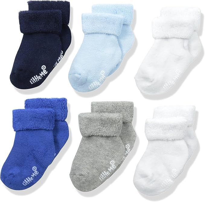 Little Me Baby Boys 6 Pack Socks, Thick Cotton Rich Terry Cloth Turn Cuff Socks For Newborn Infan... | Amazon (US)