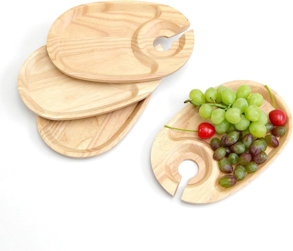 Wood Appetizer Plates Set of 4,Wooden Cocktail Appetizer Plates with Wine Glass Holder,Small Chee... | Amazon (US)