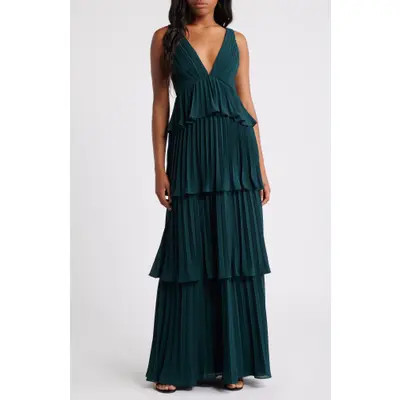 Lulus Tiered Gown Pleated in Emerald Green at Nordstrom, Size Small | Nordstrom