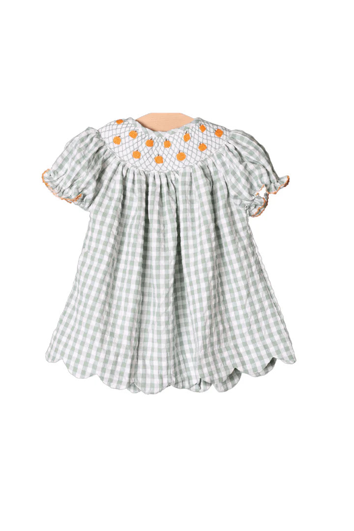 Smocked Heirloom Pumpkin Seersucker Bishop Dress | The Smocked Flamingo