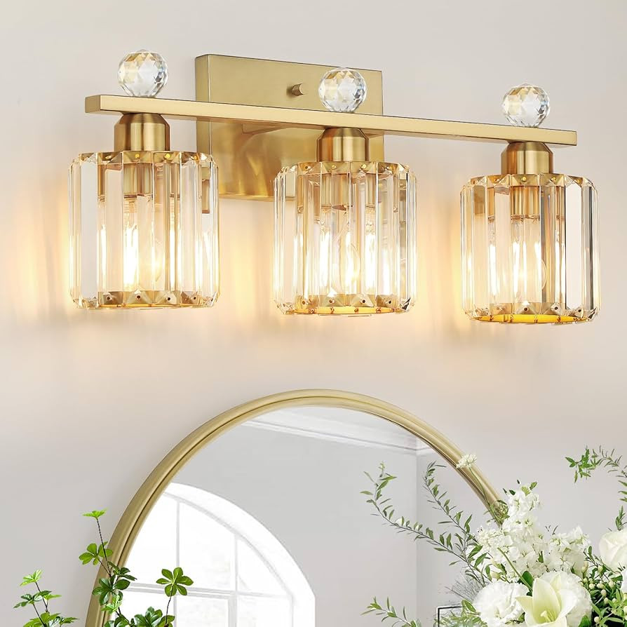 3-Light Gold Bathroom Light Fixtures,Modern Bathroom Vanity Lights Fixture with Clear Crystal Gla... | Amazon (US)