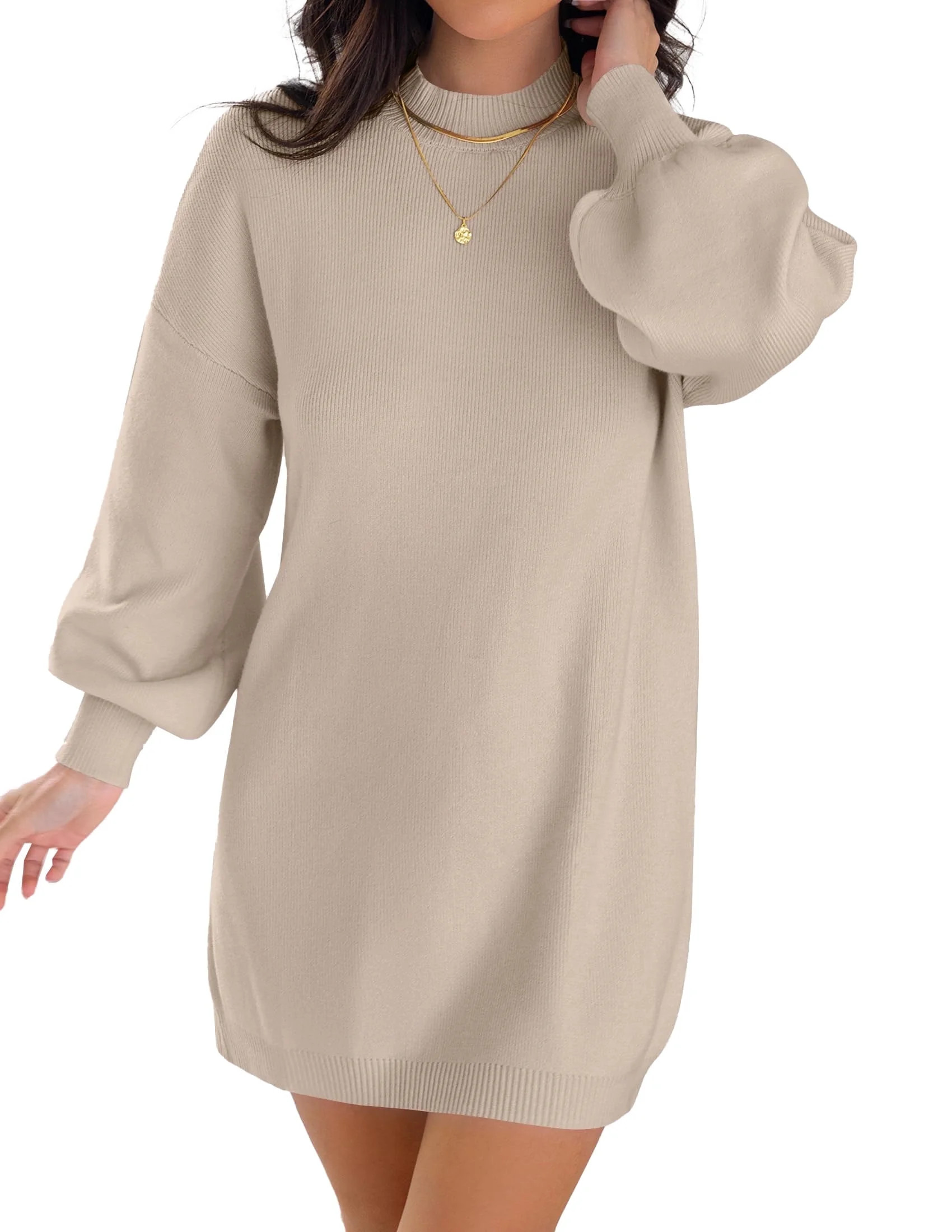 YOGAFOX Women's Fall Oversized Turtleneck Lantern Sleeve Casual Knit Mini Dress Almond M | Walmart (US)