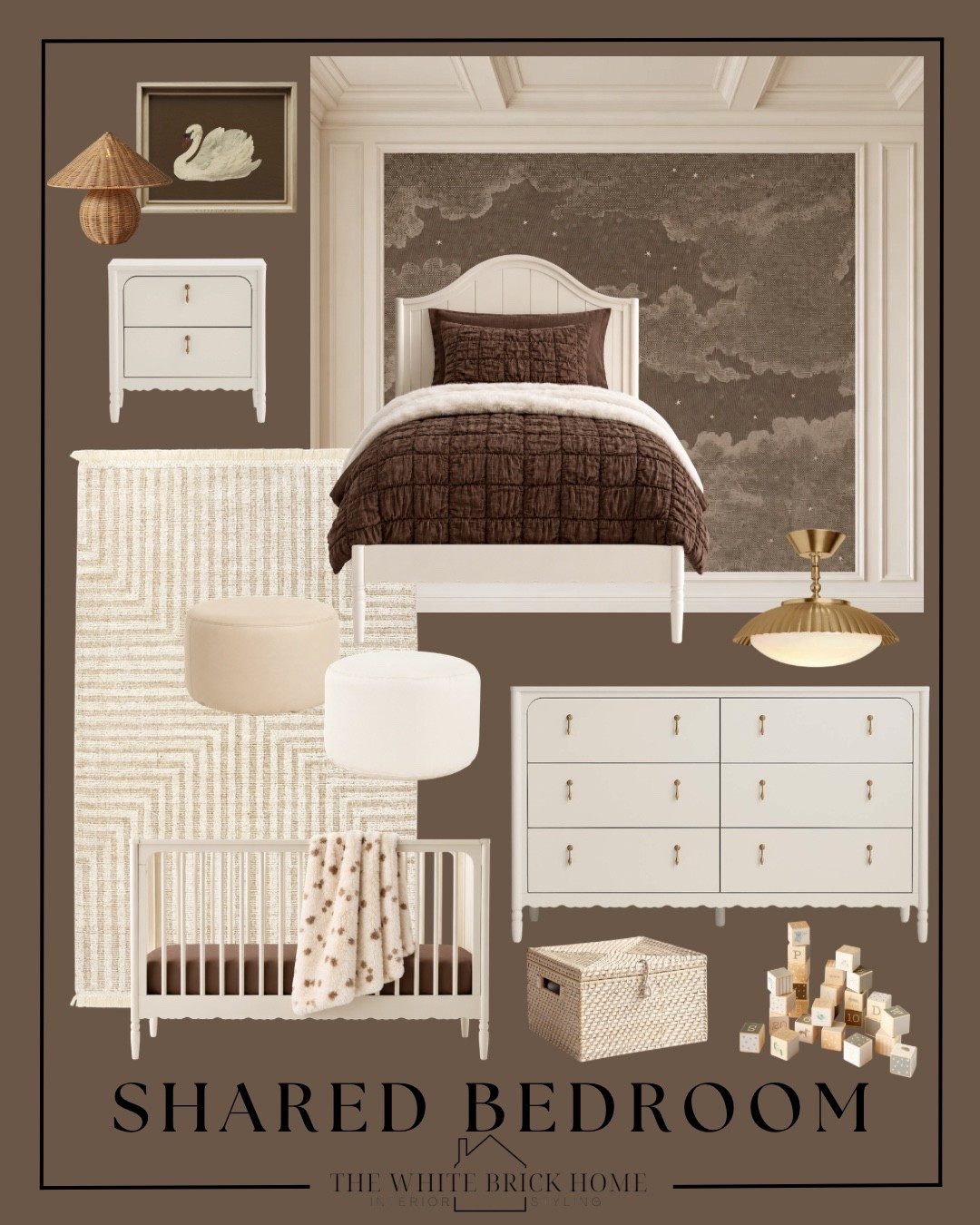 I love this color scheme for a shared bedroom - you can easily make this design incorporate two twin beds for a shared girls bedroom, too! 

Girls room, girls bedroom, kids room, kids bedroom, girls room ideas, girls room decor, girls room dresser, girls room crib, girls room rug, girls room bed, girls room furniture, girls room rug, girls room wall murals girls room decor, shared bedroom , shared room, shared kids room, shared bedroom and shared nursery, Anthropologie, crate and barrel, crate and kids, pottery barn kids