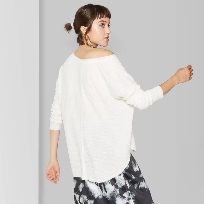 Women's Long Sleeve V-Neck Cozy T-Shirt - Wild Fable™ Almond Cream | Target