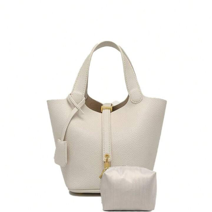 Women's Bags New Style Vegetable Basket Soft Leather Women's Large Capacity Litchi Pattern Bucket Bag Handbag With Lock Design Casual Versatile Handbag Versatile Daily Handbag | SHEIN