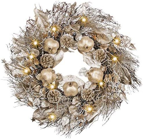 Valery Madelyn Pre-Lit 24 inch Sparkling Gold Lighted Christmas Wreath for Front Door with Pomegrana | Amazon (US)