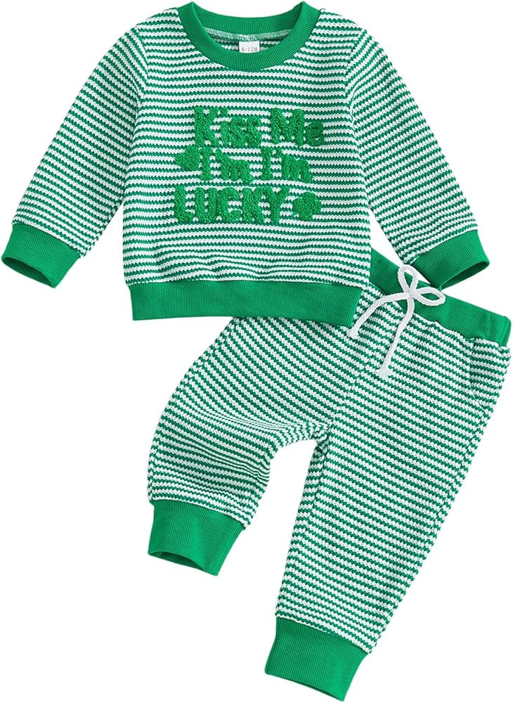 FIOMVA Toddler Baby Girl St Patricks Day Outfit Clover Shamrock Embroidery Sweatshirt Pants Set S... | Amazon (US)