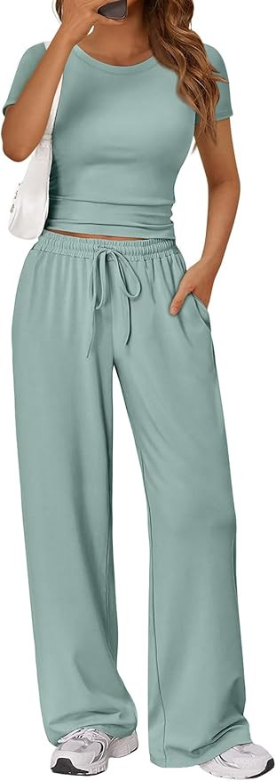 Trendy Queen 2 Piece Matching Summer Sweatsuit Lounge Set Womens Wide Leg Pants Side Ruching Crop... | Amazon (US)