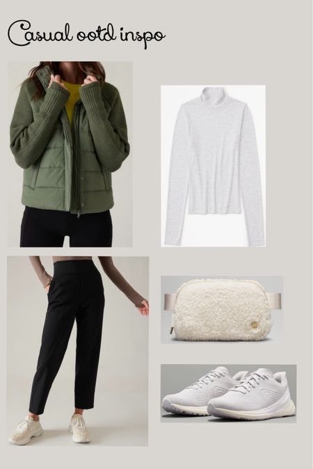 Casual OOTD inspo.

Wear this during the holiday season while out all day Christmas shopping!

• Olive Green Jacket - Athleta
• Grey Turtleneck - Abercrombie
• Black Mid-Rise Ankle Pants - Athleta
• Sherpa Belt Bag - Lululemon
• Neutral Sneakers - Lululemon



#LTKstyletip #LTKHoliday #LTKGiftGuide
