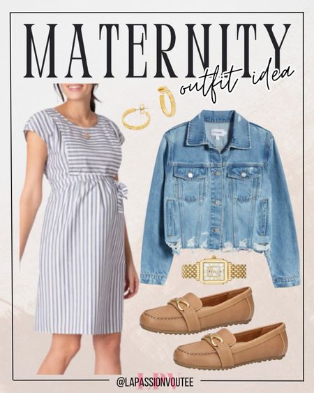 Stay stylish and comfortable this summer with our maternity outfit idea: a chic denim jacket paired with a striped maternity dress. Complete the look with classic hoop earrings, a sleek watch, and comfy loafers. Perfect for moms-to-be who want to keep it fashionable and functional!

#LTKBump #LTKSeasonal #LTKStyleTip