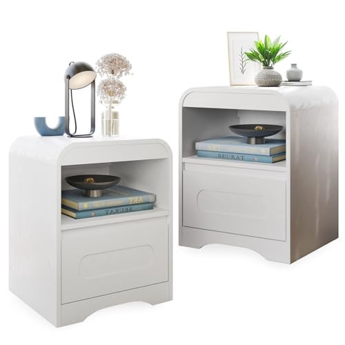 Nightstand Set of 2, Modern Nightstand with Drawer Storage and Open Compartment, Curved Bedside Table End Table 22" Wide Night Stands Large Nightstand for Bedroom Sofa Office, White | Amazon (US)