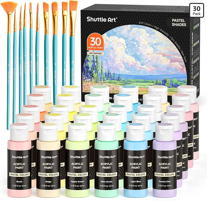 Shuttle Art 40 Pack Pastel Acrylic Paint Set, 30 Colors, 60ml/2oz Bottles, High Viscosity, Water-... | Amazon (US)