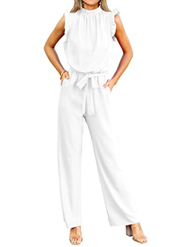 KIRUNDO Jumpsuits For Women Dressy Summer One Piece Sleeveless Ruffle Mock Neck Belt Pockets Formal Wide Leg Pants Romper(Cream, Large) | Amazon (US)