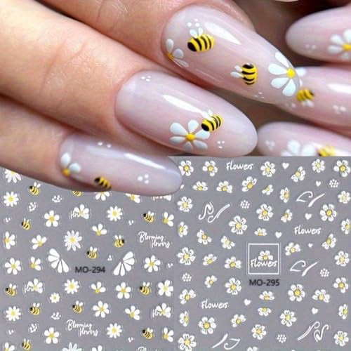 2 Sheets Spring Nail Art Stickers Decals Bee Flower Nail Decals 5D Embossed Insect Floral Nail Supplies White Daisy Heart Bee Manicure Accessories for Women Spring Summer Acrylic Nails Decoration | Amazon (US)