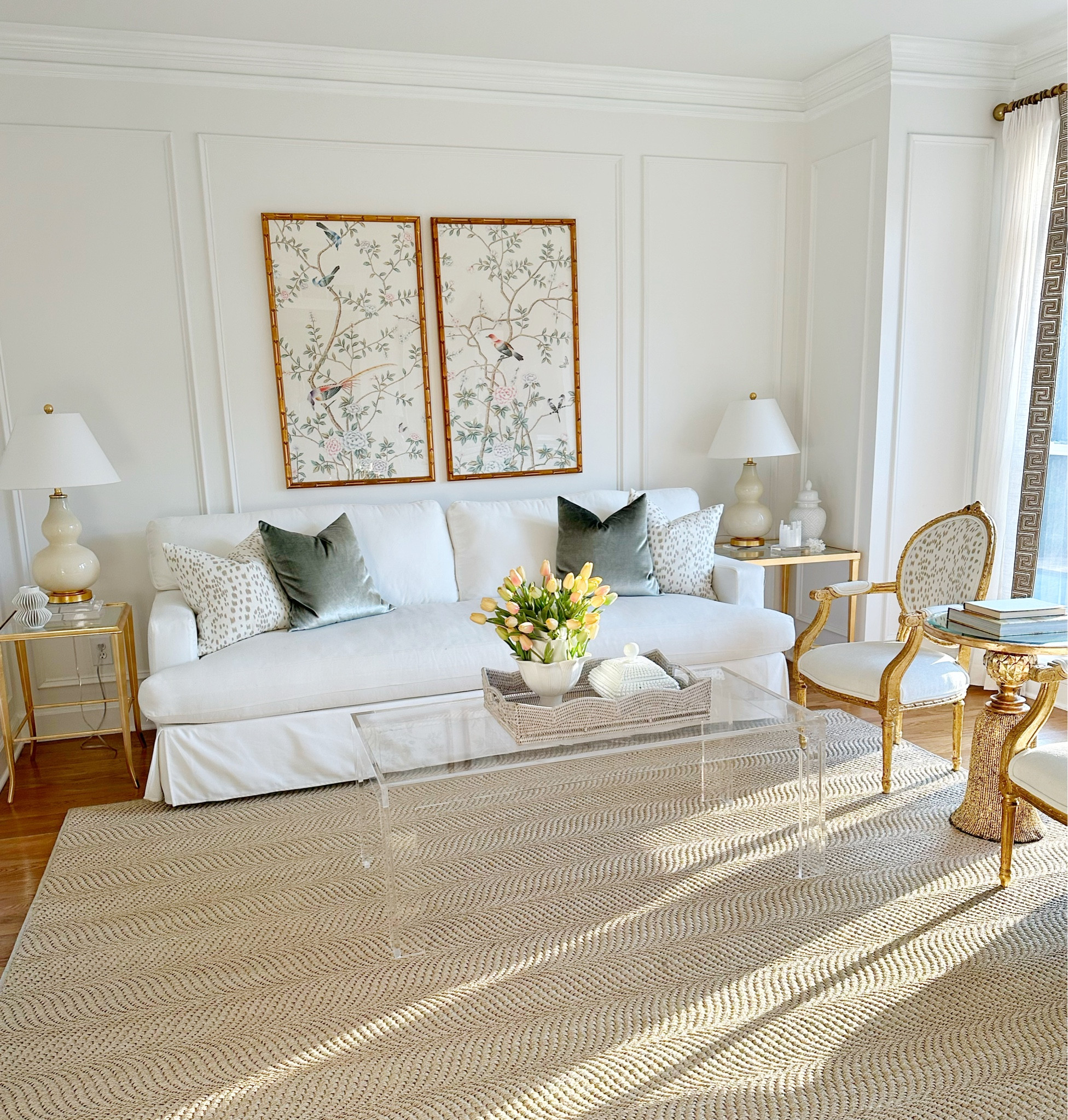 Sitting room, living room, chinoiserie hand painted wall panels, sisal area rug, Etsy, Ballard, Walmart, acrylic coffee table, velvet throw pillow, designer, table lamp, side table, accent, gold, glam, overstock wayfair 

#LTKFind #LTKhome