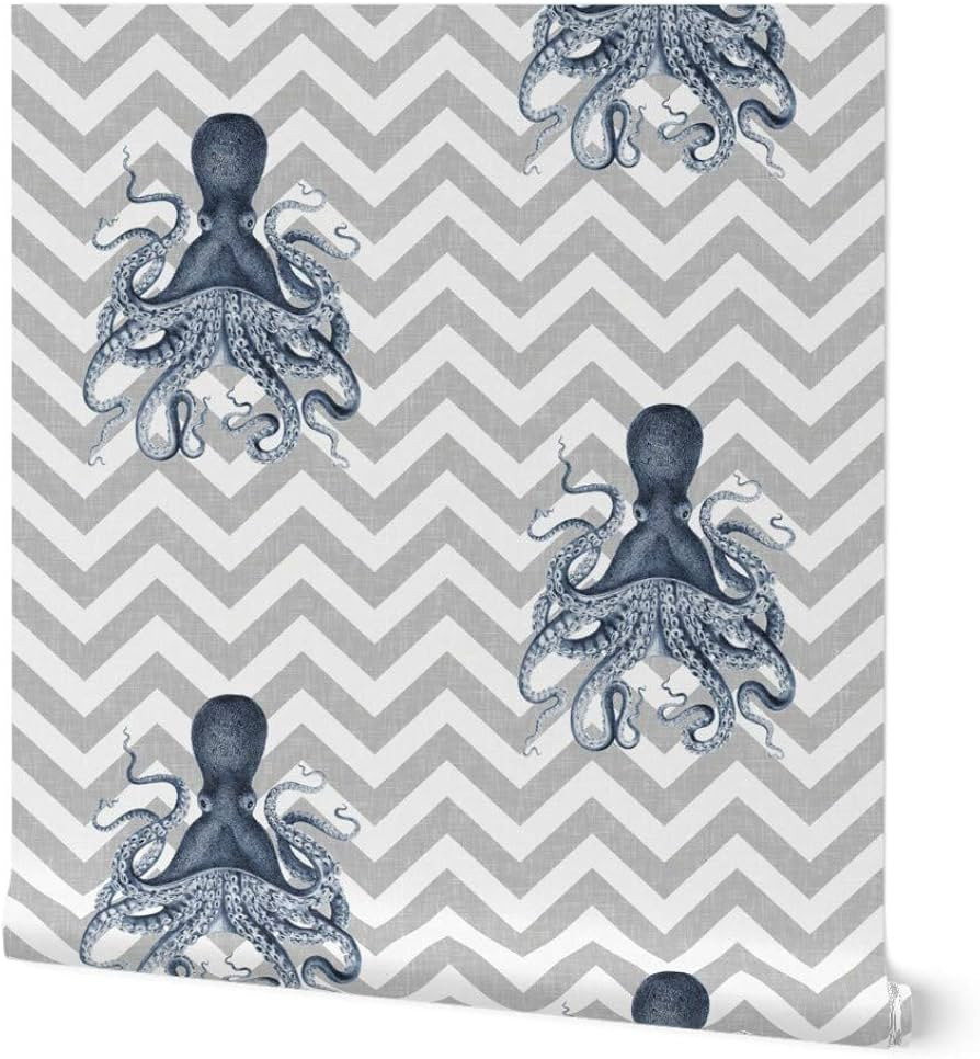 Removable Wallpaper 9ft x 2ft - Octopus Gray Chevron Nautical Jellyfish Zigzag Blue Vintage Inspi... | Amazon (US)