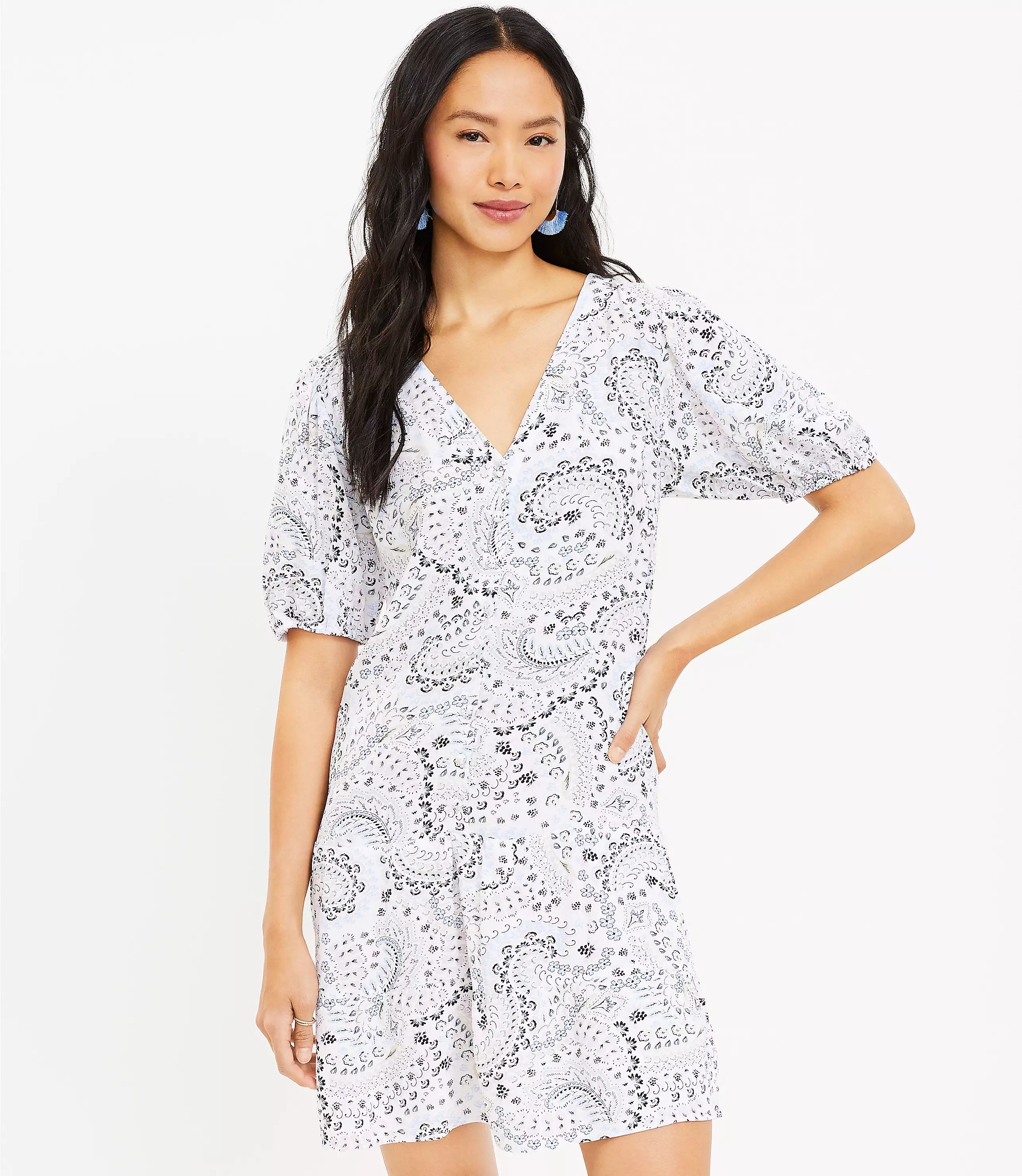 Paisley Puff Sleeve Button Swing Dress | LOFT