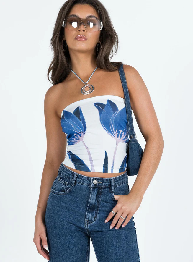 Jasmyne Tube Top White / Blue Floral | Princess Polly US