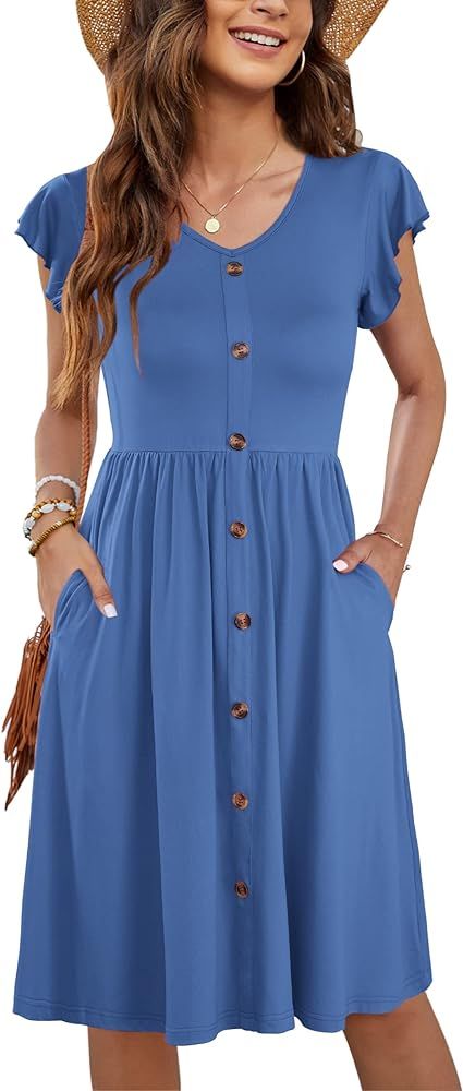 WNEEDU Women Summer Dresses Ruffle Sleeve Casual Loose Swing Button Down Elastic Waist Midi Dress | Amazon (US)