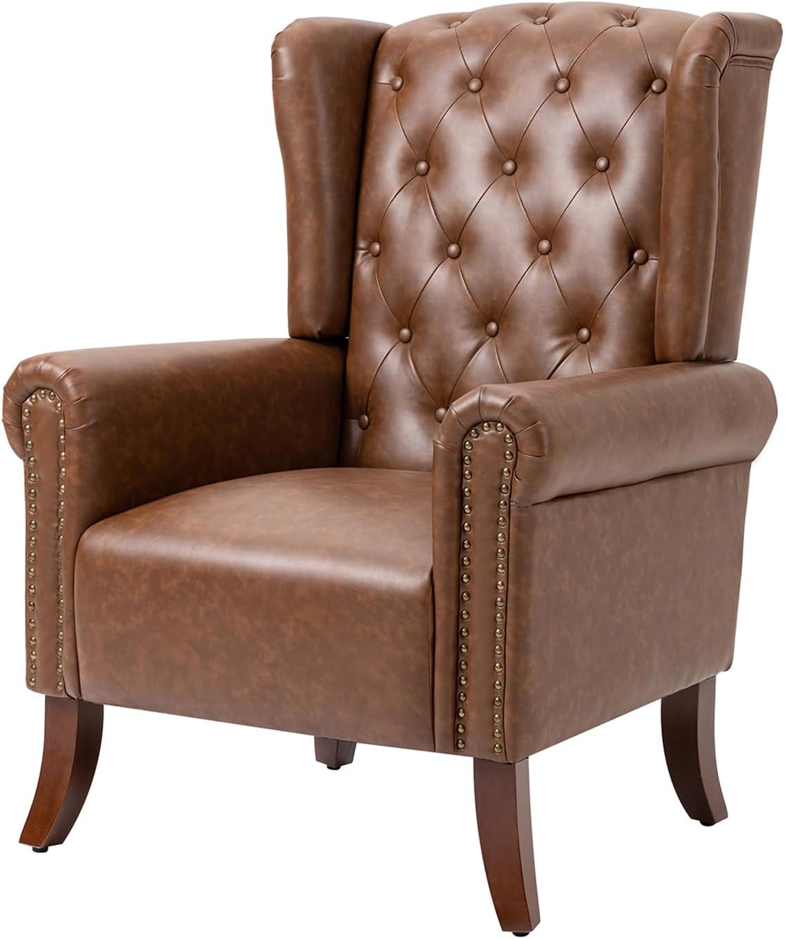 Faux Leather Accent Chair, Mid-Century Armchair Upholstered Club Sofa Chair with Wooden Legs, High Back Living Room Chair for Bedroom, Office, Lounge (Brown) | Amazon (US)