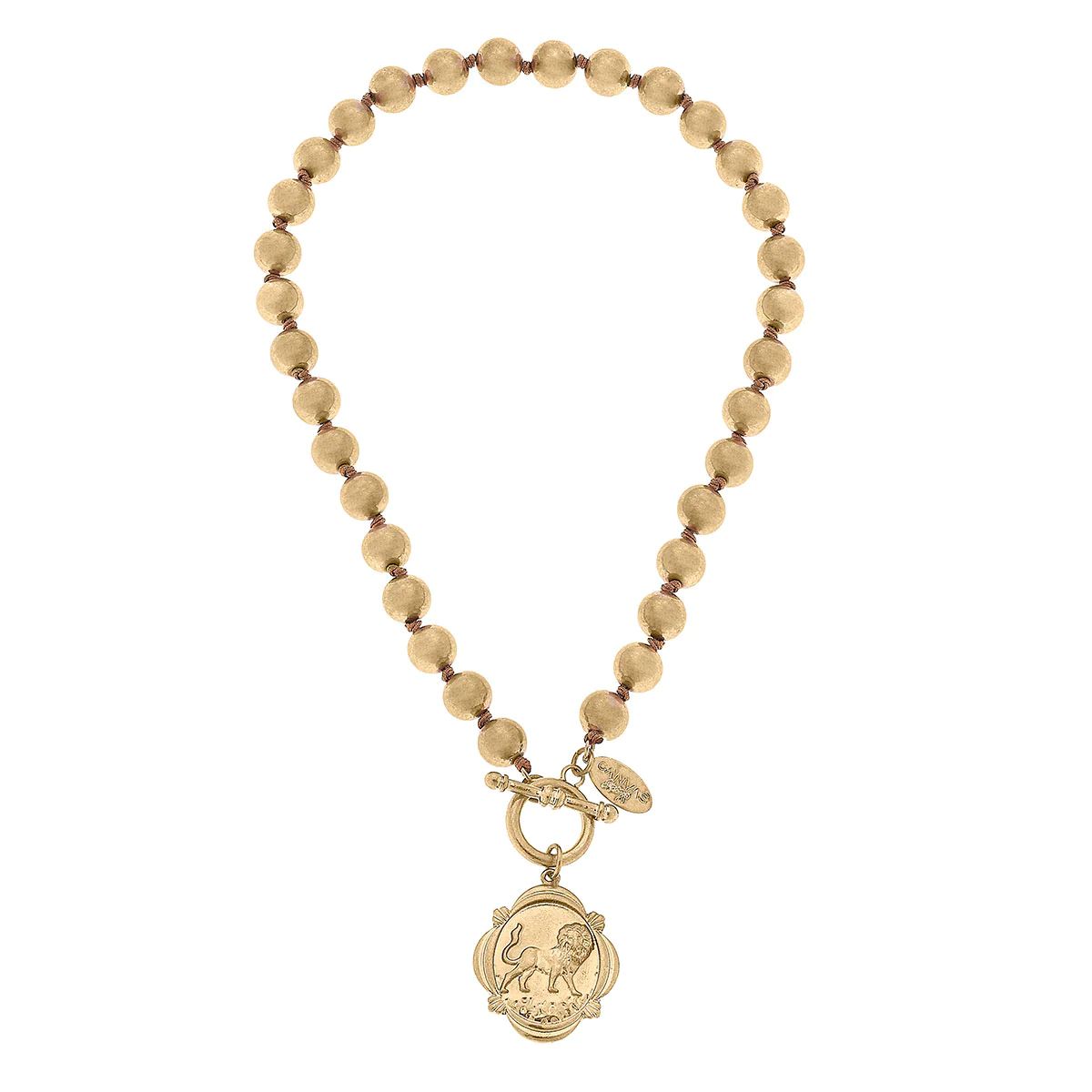 Leo Lion Pendant Ball Bead T-Bar Necklace in Worn Gold | CANVAS