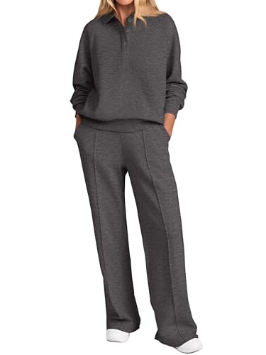 PRETTYGARDEN Women Fall 2 Piece Outfits Sweatsuits Quarter Button Long Sleeve Sweatshirt Wide Leg Pants Tracksuit Lounge Sets(Dark Grey,Large) | Amazon (US)