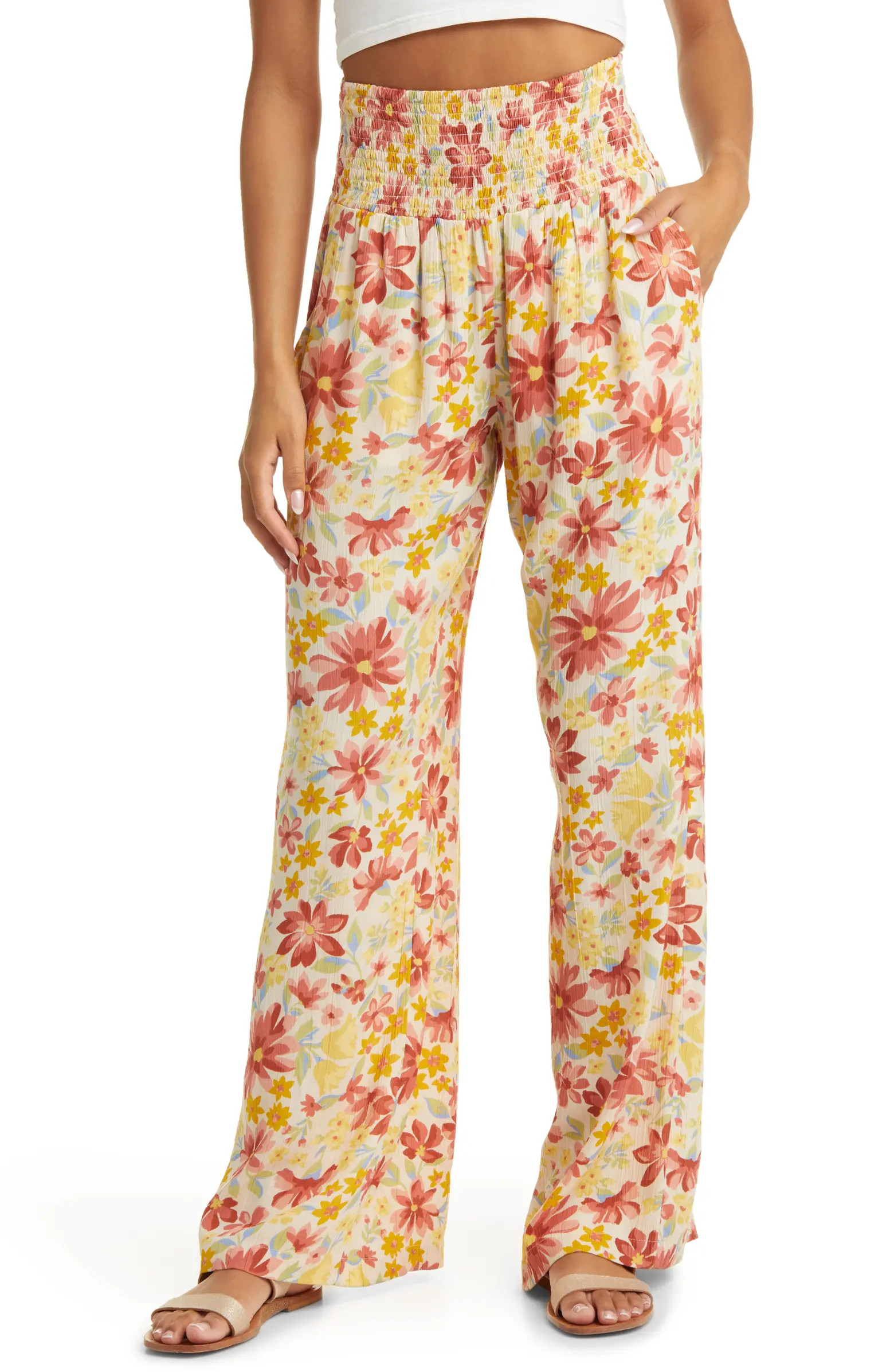 Billabong Smooth Sailing Smocked High Waist Floral Print Pants | Nordstrom | Nordstrom