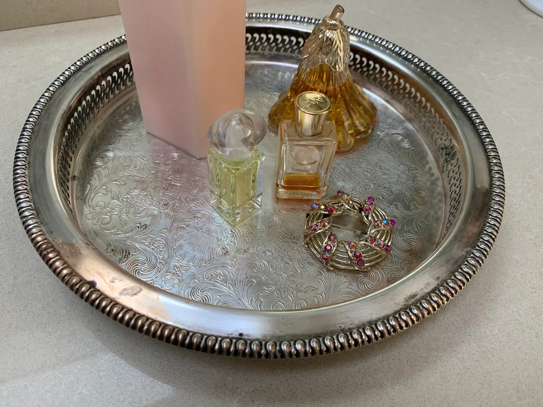 Round Silver Tray, Display Serving Tray, Etched Filagree Fancy Decorative Tray, Raised Edge Dress... | Etsy (US)