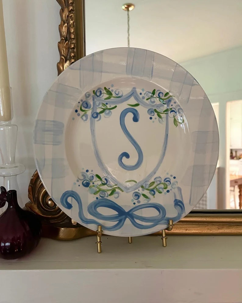 Monogram Plate // Blue Gingham Vine Bow Initial // Scalloped Edge // Blue and White // Bridal Sho... | Etsy (US)