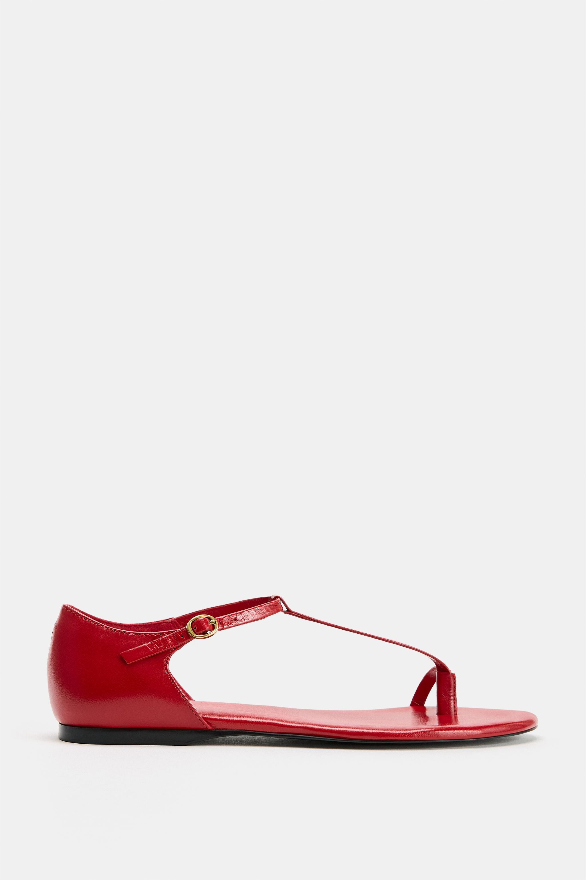 STRAPPY LEATHER FLAT SANDALS | Zara US