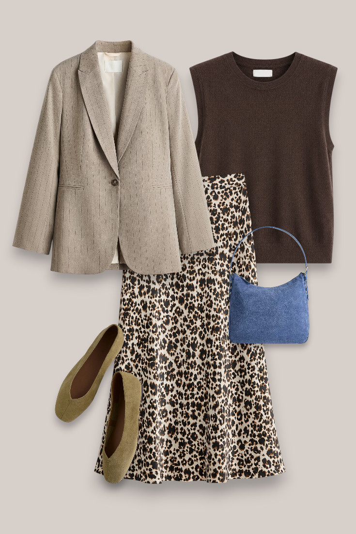 Leopard skirt + sleeveless knit
A slightly dressier way to wear leopard print this fall. Chocolate sleeveless knit, leopard maxi skirt, neutral blazer and suede flats with a little pop of blue from the bag. 

 #LTKautumn #LTKdatenight #LTKworkwear