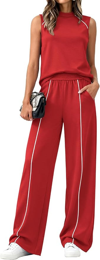 BTFBM Womens 2 Piece Lounge Set 2026 Striped Travel Outfits Sweatsuit Mock Neck Tank Top Wide Leg... | Amazon (US)