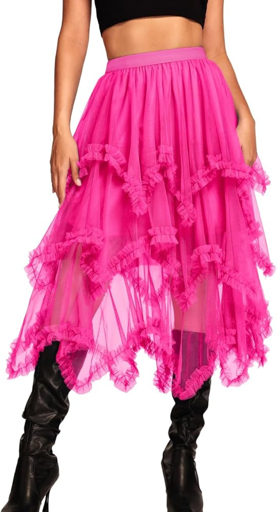Kaei&Shi Long Tulle Skirt,High Waisted Asymmetrical Ruffle Skirts for Women,Renaissance Fairy Cos... | Amazon (US)