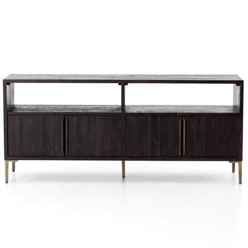 Yvette Rustic Dark Brown Reclaimed Pine Wood Brass Iron Frame Media Console | Kathy Kuo Home