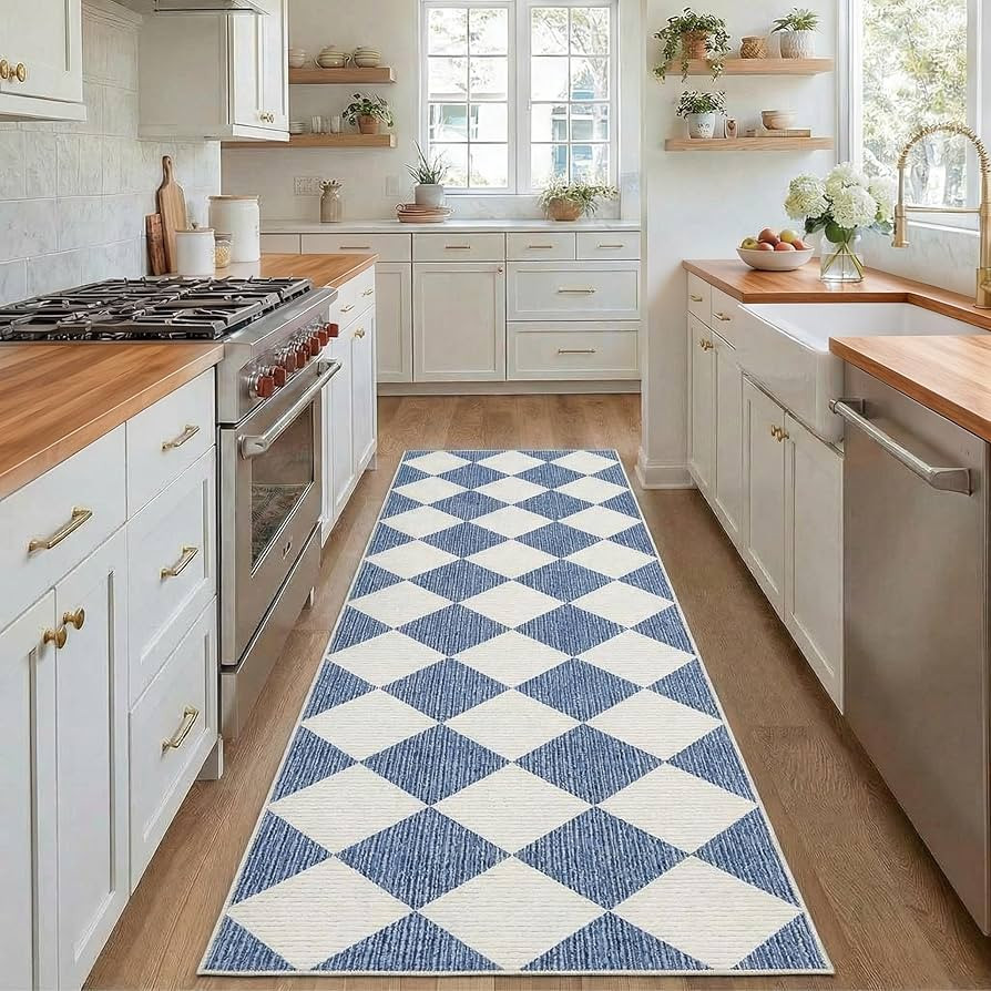GarveeHome Checkered Rug Runners for Hallways, 2x6 Navy Blue Diamond Print Kitchen Runner Non Sli... | Amazon (US)