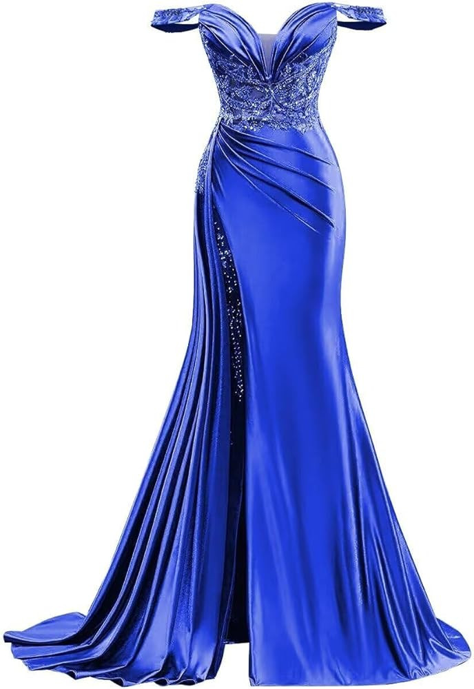 Off Shoulder Satin Prom Dresses Long Mermaid Beaded Formal Dresses Pleated Evening Party Gown wit... | Amazon (US)