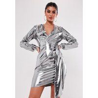 Tall Silver Metallic Wrap Front Dress | Missguided (US & CA)