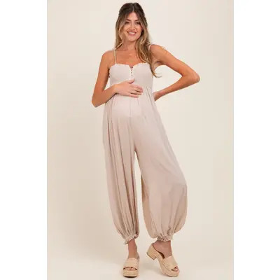 PinkBlush Smocked Button Front Shoulder Tie Jumpsuit in Mocha at Nordstrom, Size Medium | Nordstrom