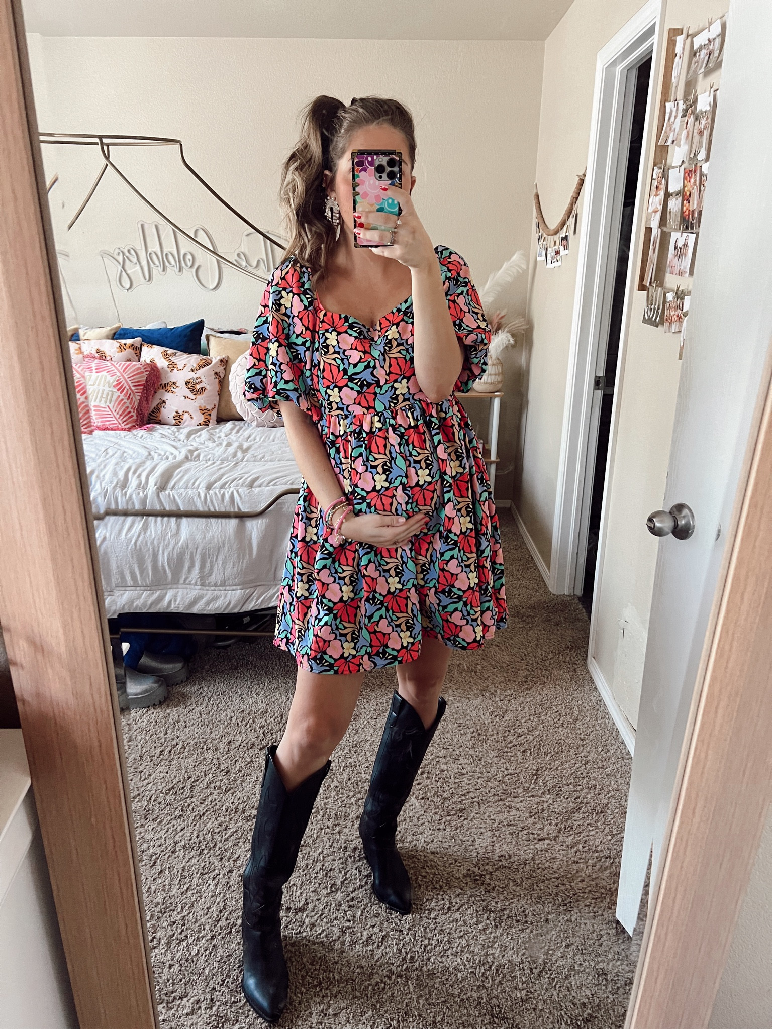 Bump friendly groovy floral dress! Paired with black cowboy boots. Code SHELBY25 for dress 

#LTKStyleTip #LTKFindsUnder100 #LTKBump