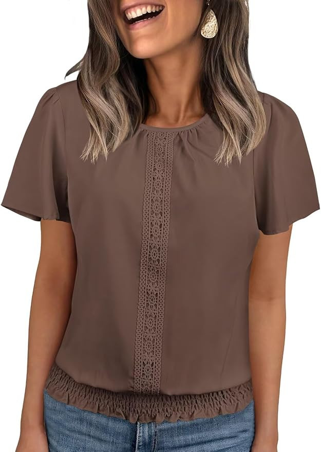 Falechay Womens Summer Tops Scoop Neck Ruffle Sleeve Shirts Cute Pleated Front Blouses Dressy Cas... | Amazon (US)