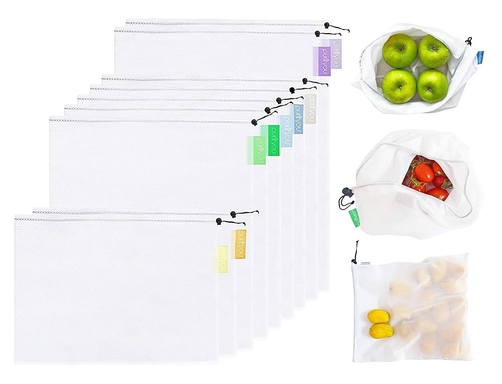 purifyou Set of 9 Reusable Produce Bags, Heavy Duty Washable Mesh Grocery Bag with Drawstring, Id... | Amazon (US)
