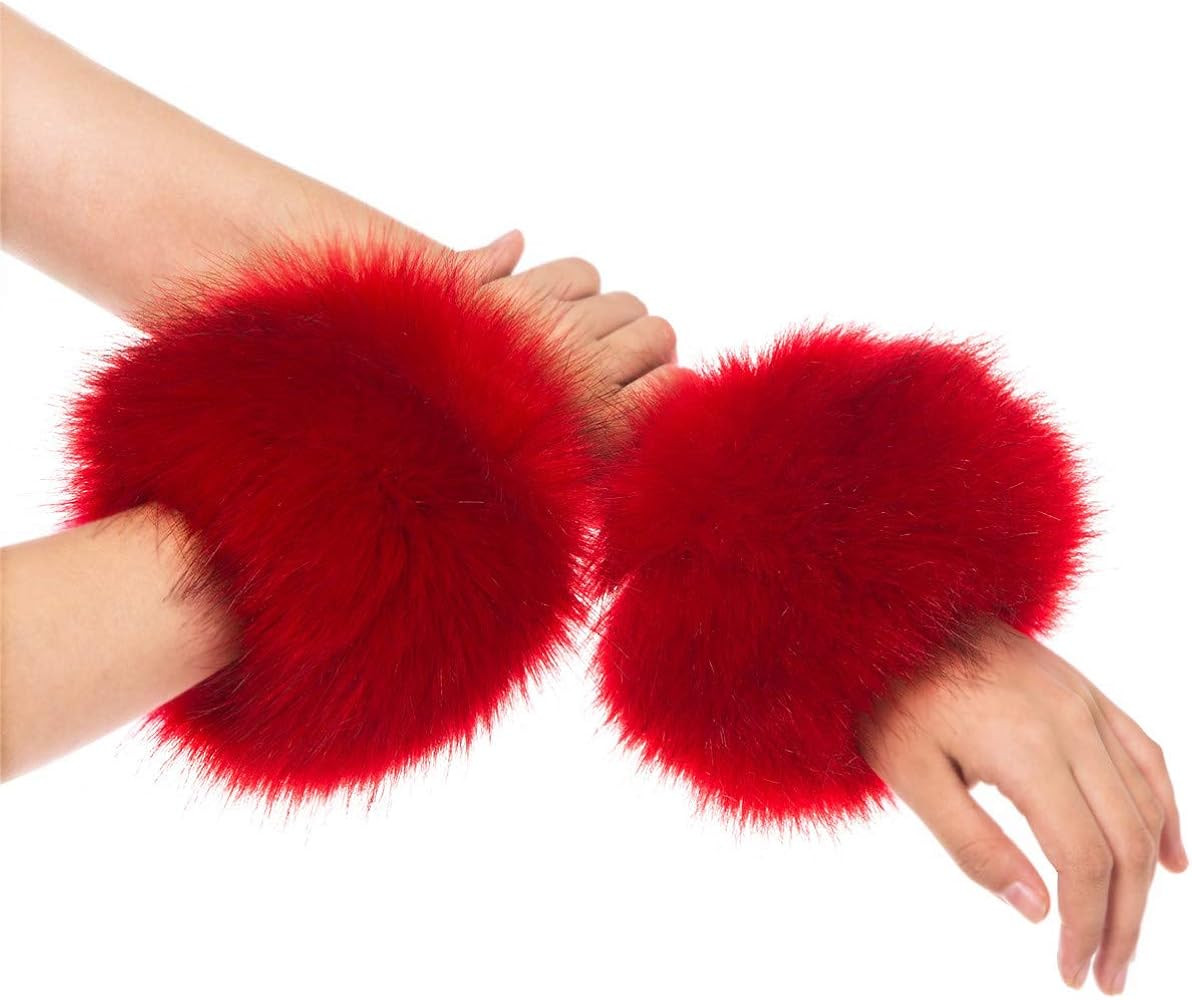 Lucky Leaf Women Winter Wrist Warmers Faux Fox Fur Soft Cuffs Band Ring for Cold Weather | Amazon (US)