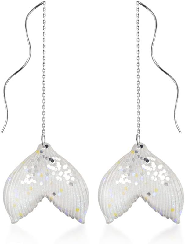 Dainty Ocean Mermaid Tail Threader Dangle Earrings for Women Girls 925 Sterling Silver Acrylic Se... | Amazon (US)