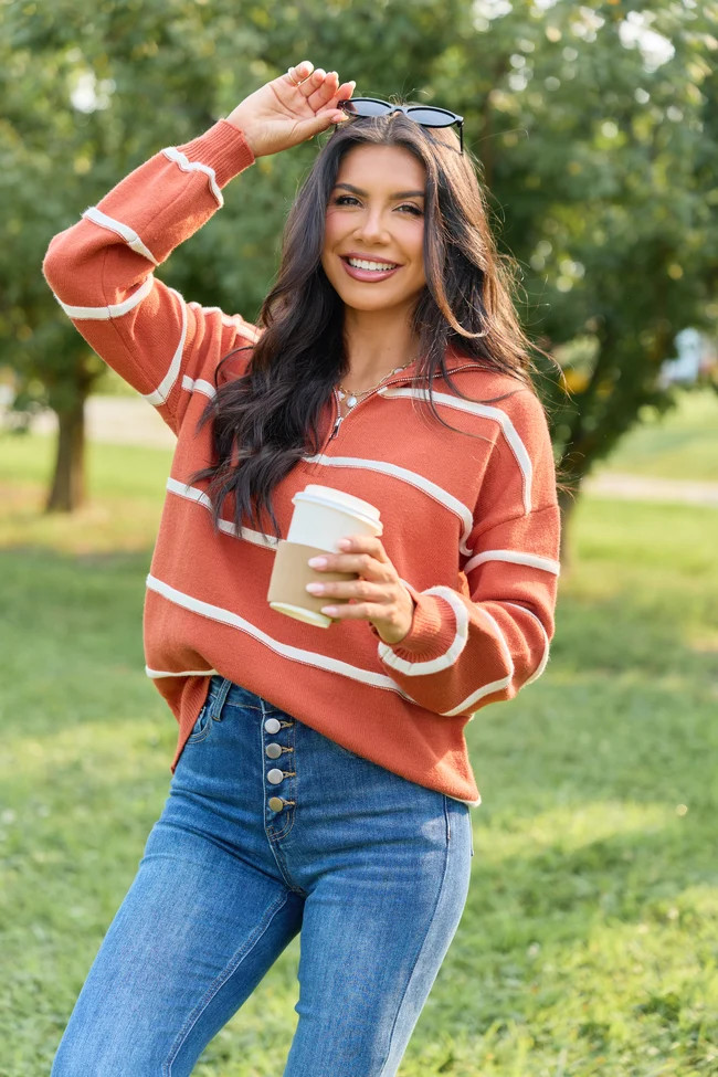 Sunday Stripe Club Rust And White Quarter Zip | Pink Lily
