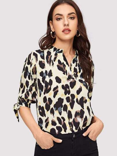 V-neck Leopard Print Knot Sleeve Blouse | SHEIN